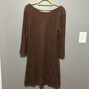 Sharagano noir Dress Brown Long Sleeve Crochet Style Lined Midi 14 EUC!!